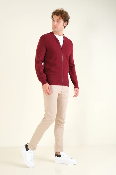 Erkek Hakim Yaka Petek Örgü Fermuarlı Hırka Kırmızı - 5