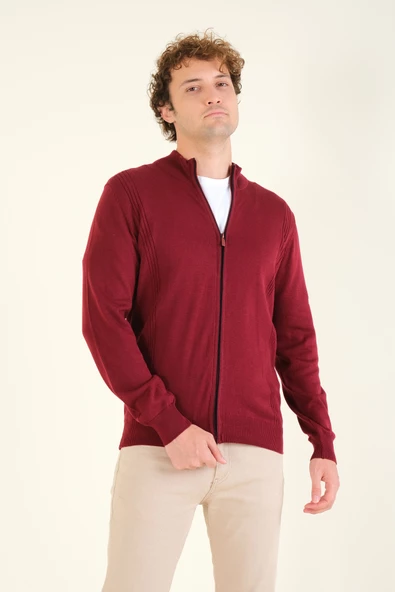 Erkek Biyeli Dik Yaka Fermuarlı Hırka Kırmızı - 3