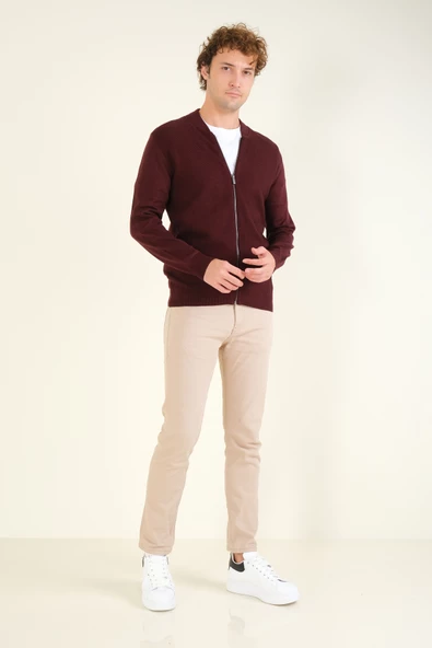 Erkek Hakim Yaka Petek Örgü Fermuarlı Hırka Bordo - 5