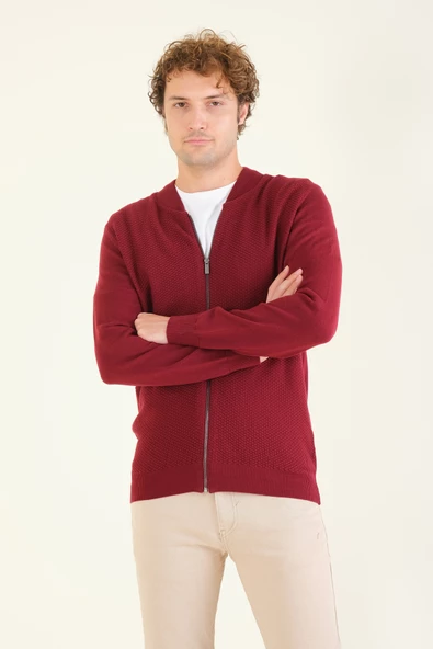 Erkek Hakim Yaka Petek Örgü Fermuarlı Hırka Kırmızı - 3