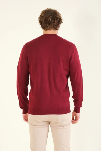 Erkek Biyeli Dik Yaka Fermuarlı Hırka Kırmızı - 6