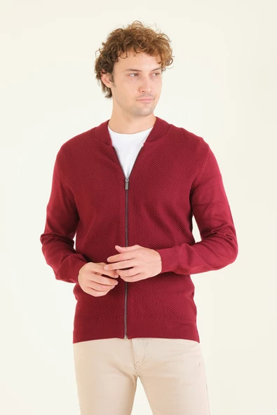 Erkek Hakim Yaka Petek Örgü Fermuarlı Hırka Kırmızı - 2