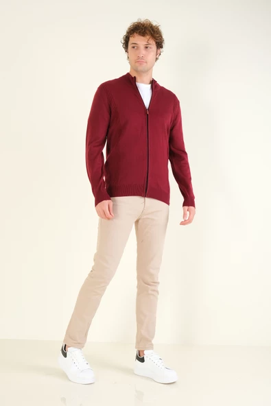 Erkek Biyeli Dik Yaka Fermuarlı Hırka Kırmızı - 5