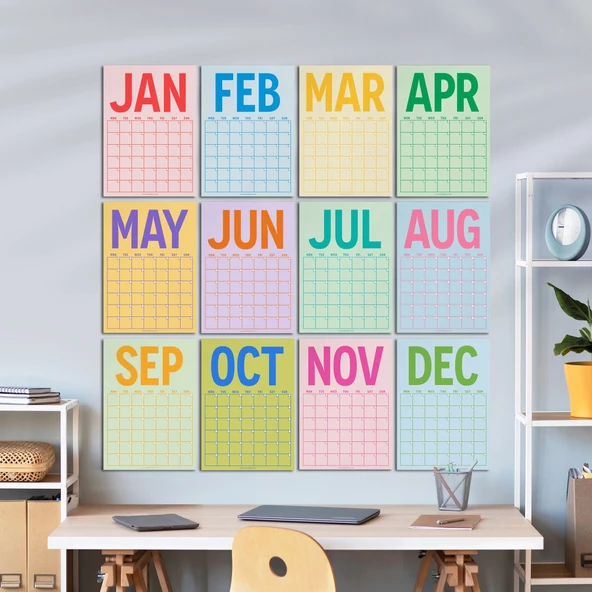 Sürekli Takvim, 12 Aylık Tarihsiz Takvim, Aylık Planlayıcı Takvim, A4, 33 x 48 cm, Undated Monthly Wall Planner, Wall Ca