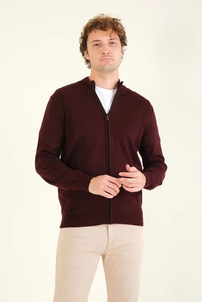 Erkek Biyeli Dik Yaka Fermuarlı Hırka Bordo