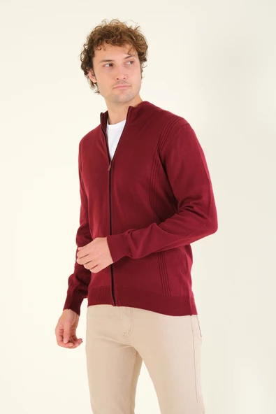 Erkek Biyeli Dik Yaka Fermuarlı Hırka Kırmızı - 4