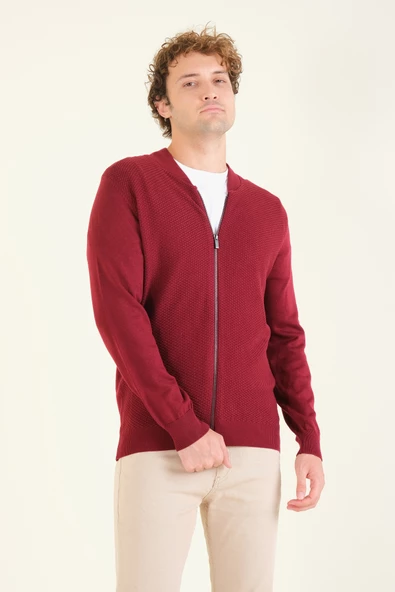 Erkek Hakim Yaka Petek Örgü Fermuarlı Hırka Kırmızı - 4