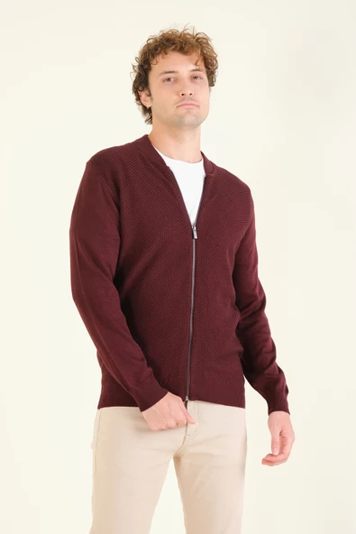 Erkek Hakim Yaka Petek Örgü Fermuarlı Hırka Bordo - 3