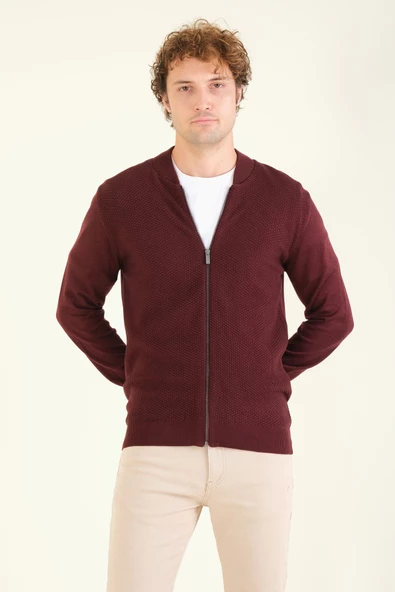 Erkek Hakim Yaka Petek Örgü Fermuarlı Hırka Bordo - 4