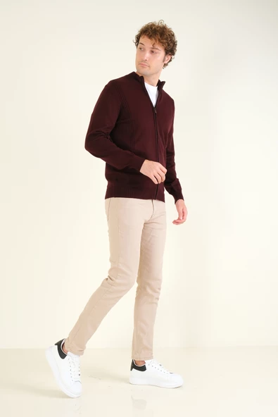 Erkek Biyeli Dik Yaka Fermuarlı Hırka Bordo - 5