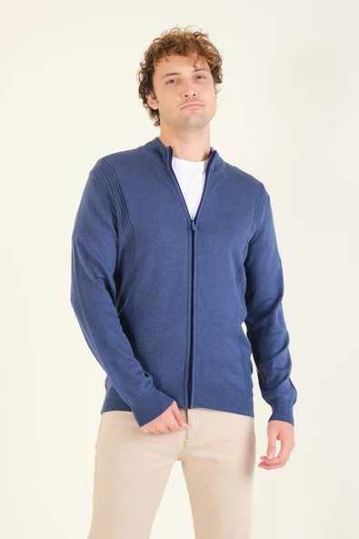 Erkek Biyeli Dik Yaka Fermuarlı Hırka Lacivert - 2