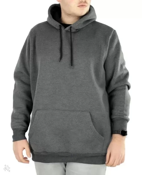 Erkek Uzun Kol Kapşonlu Basic Sweatshirt hoodie - Füme