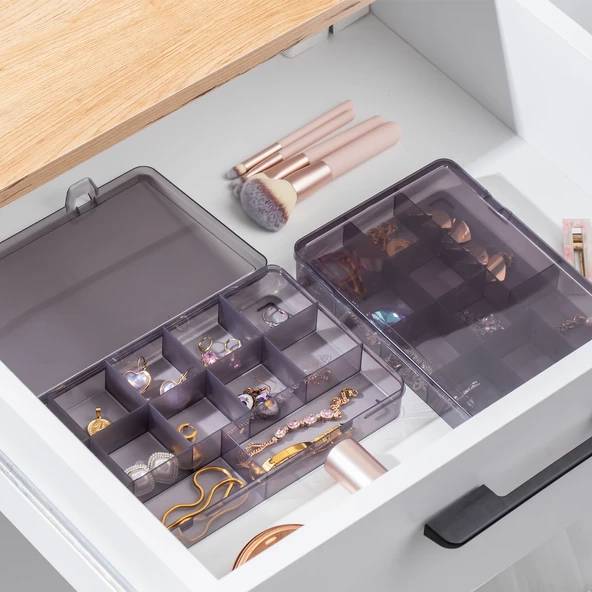 Porsima Org601 Çok Amaçlı Bölmeli Şeffaf Kutu Organizer Kapaklı Boncuk Takı Kutusu Takı Düzenleyici Antrasit - Resim 3