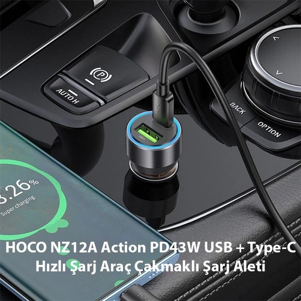 HOCO NZ12A Action PD43W USB + Type-C Hızlı Şarj Araç Çakmaklı Şarj Aleti Siyah - 2