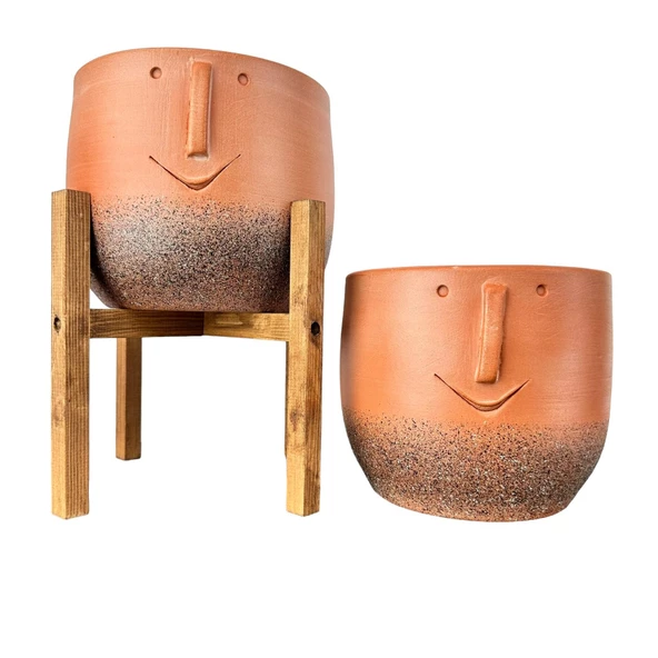 Bitki Tasarımı Surat Desenli Toprak Saksı Saksılık Salon Çiçeklik İkili Set Ayaksız - 4 Ayaklı- 19 CM
