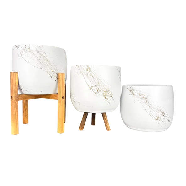 Bitki Tasarımı Beyaz Üzeri Gold Mermer Efektli Toprak Saksı Saksılık Salon Çiçeklik Üçlü Set- 19 CM ürün görseli
