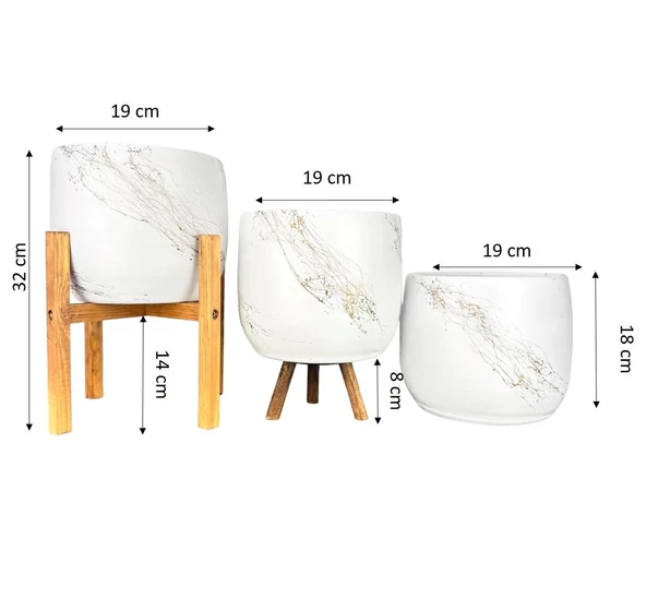 Bitki Tasarımı Beyaz Üzeri Gold Mermer Efektli Toprak Saksı Saksılık Salon Çiçeklik Üçlü Set- 19 CM - Resim 2
