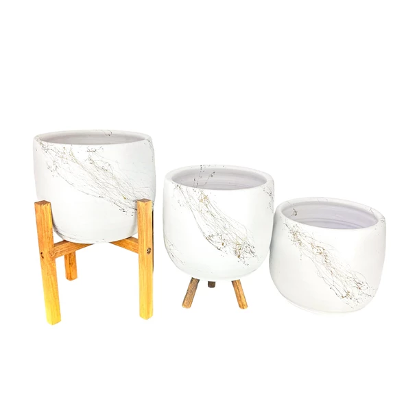 Bitki Tasarımı Beyaz Üzeri Gold Mermer Efektli Toprak Saksı Saksılık Salon Çiçeklik Üçlü Set- 19 CM - Resim 6