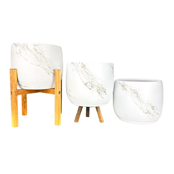 Bitki Tasarımı Beyaz Üzeri Gold Mermer Efektli Toprak Saksı Saksılık Salon Çiçeklik Üçlü Set- 19 CM - Resim 4