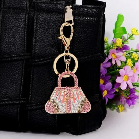 Kristal Taşlı Çanta Anahtarlık Pembe No.1 - Resim 4