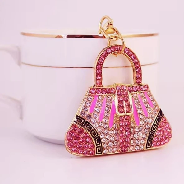 Kristal Taşlı Çanta Anahtarlık Pembe No.1 - Resim 5