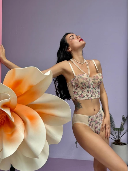 Çiçek Desenli Nude - Ten Rengi Simli Büstiyer Takım - 8