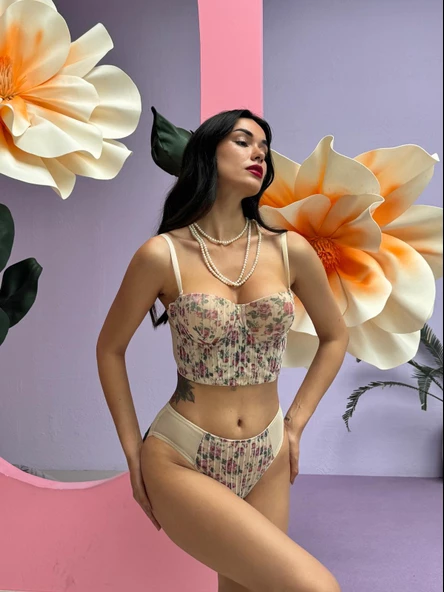 Çiçek Desenli Nude - Ten Rengi Simli Büstiyer Takım - 4