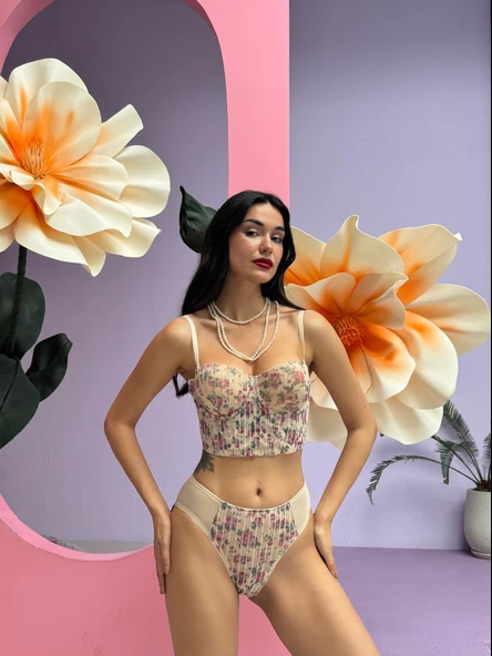 Çiçek Desenli Nude - Ten Rengi Simli Büstiyer Takım - 2
