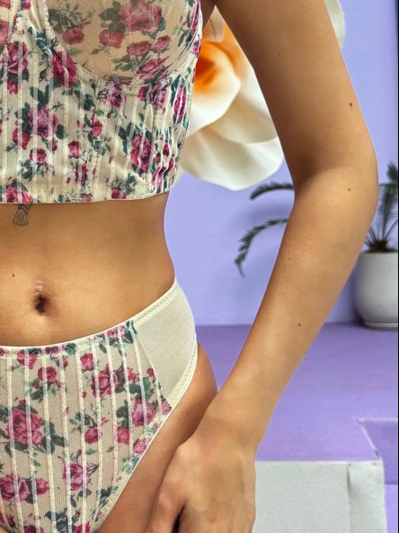 Çiçek Desenli Nude - Ten Rengi Simli Büstiyer Takım - 5