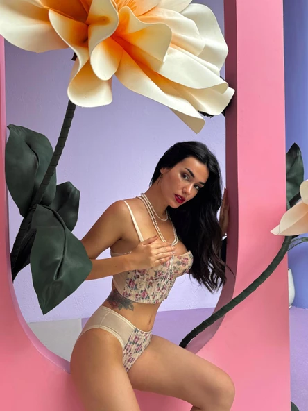 Çiçek Desenli Nude - Ten Rengi Simli Büstiyer Takım - 6