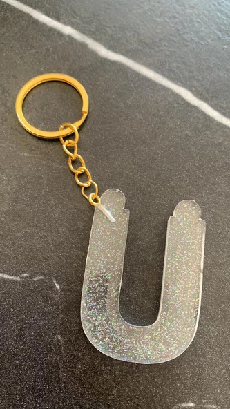 Ü Harfi Fosforlu Neon Yeşil Renk Parlak Simli Gold Aksesuarlı Anahtarlık El Yapımı Epoksi Hediyelik - 4