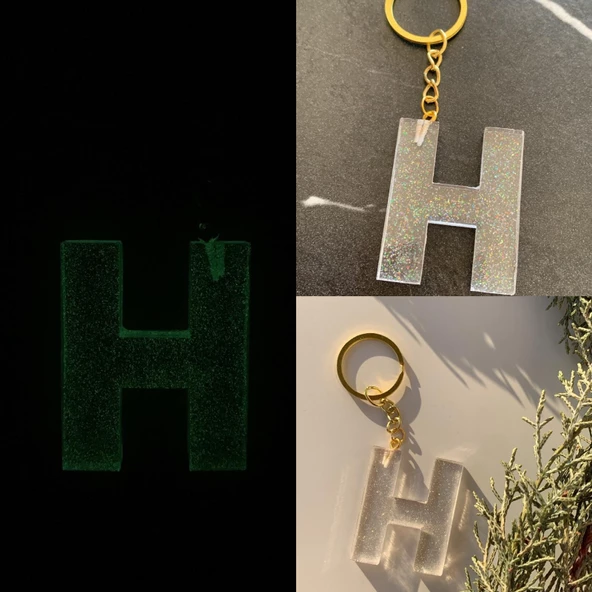 H Harfi Fosforlu Neon Yeşil Renk Parlak Simli Gold Aksesuarlı Anahtarlık El Yapımı Epoksi Hediyelik ürün görseli