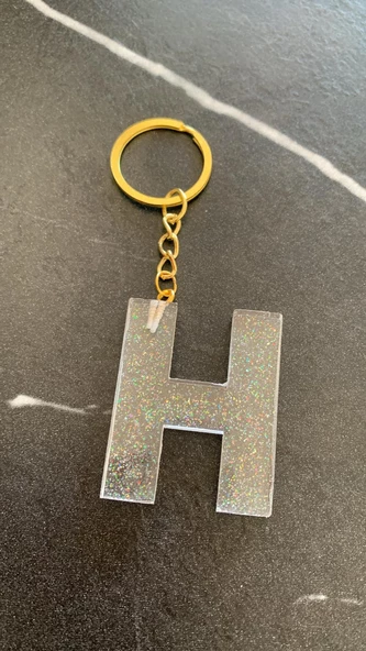 H Harfi Fosforlu Neon Yeşil Renk Parlak Simli Gold Aksesuarlı Anahtarlık El Yapımı Epoksi Hediyelik - Resim 3