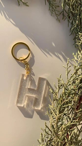 H Harfi Fosforlu Neon Yeşil Renk Parlak Simli Gold Aksesuarlı Anahtarlık El Yapımı Epoksi Hediyelik - Resim 5