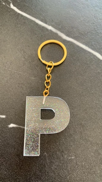 P Harfi Fosforlu Neon Yeşil Renk Parlak Simli Gold Aksesuarlı Anahtarlık El Yapımı Epoksi Hediyelik - Resim 3