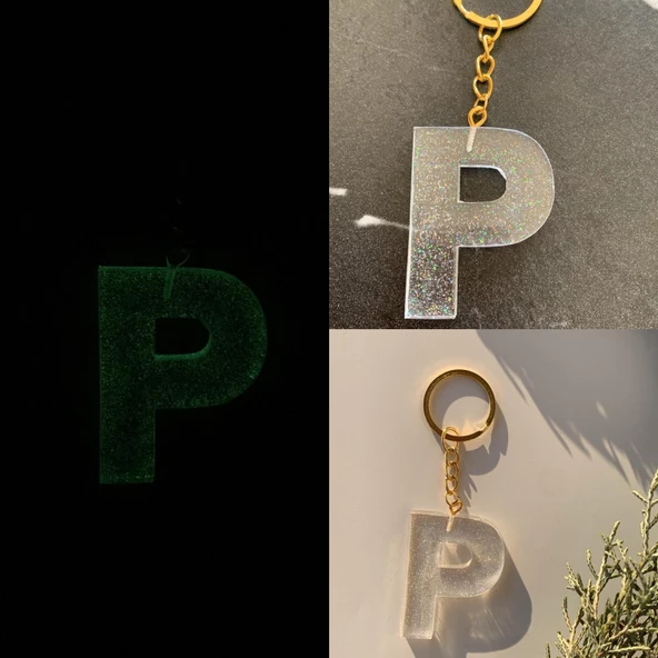 P Harfi Fosforlu Neon Yeşil Renk Parlak Simli Gold Aksesuarlı Anahtarlık El Yapımı Epoksi Hediyelik ürün görseli
