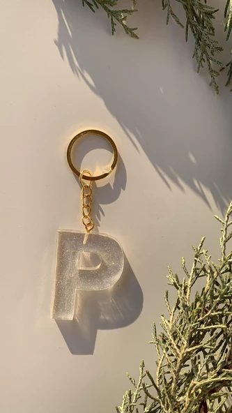 P Harfi Fosforlu Neon Yeşil Renk Parlak Simli Gold Aksesuarlı Anahtarlık El Yapımı Epoksi Hediyelik - Resim 5