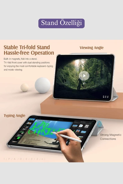 iPad Air 11 inç 2024 6. Nesil M2 Çip Uyumlu Kalem Bölmeli Akıllı Smart Tablet Kılıfı - Resim 11