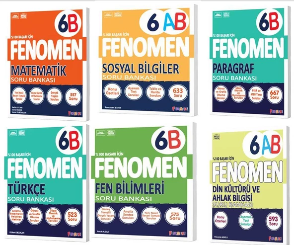 Fenomen 6. Sınıf (B) Mat+Fen+Türkçe+Sosyal+Din Kültürü + Paragraf Soru Bankası (6 Kitap)