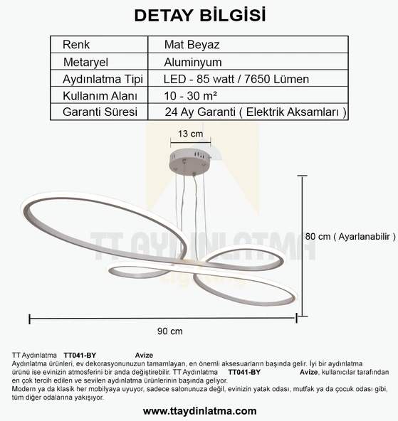 TT Aydınlatma TT041-BY  Trend Modeli Mat Beyaz Led Avize - Resim 4