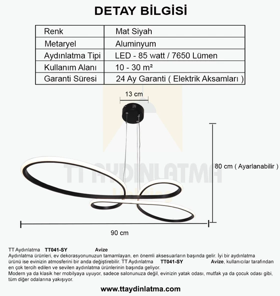 TT Aydınlatma TT041-SY  Trend Modeli Mat Siyah Led Avize - 4