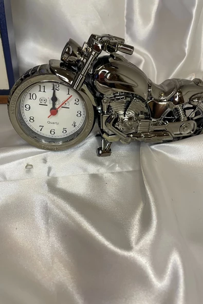 Motor Metal Saat El Yapımı Biblo Kalemlik Motosiklet Yarış Motoru Plastik Pilli Alarmlı - Resim 3