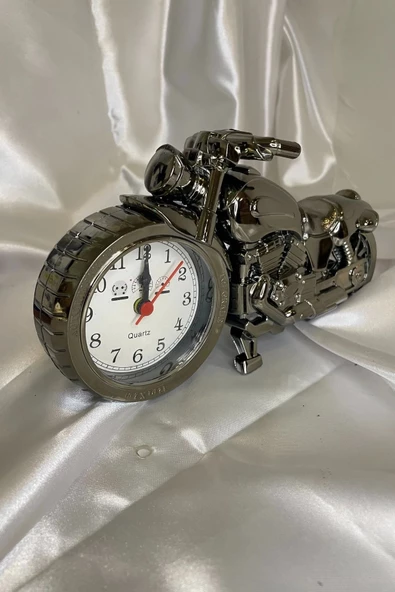 Motor Metal Saat El Yapımı Biblo Kalemlik Motosiklet Yarış Motoru Plastik Pilli Alarmlı - Resim 2