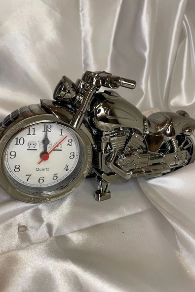 Motor Metal Saat El Yapımı Biblo Kalemlik Motosiklet Yarış Motoru Plastik Pilli Alarmlı - Resim 6