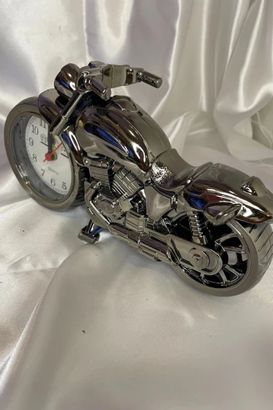 Motor Metal Saat El Yapımı Biblo Kalemlik Motosiklet Yarış Motoru Plastik Pilli Alarmlı - Resim 5