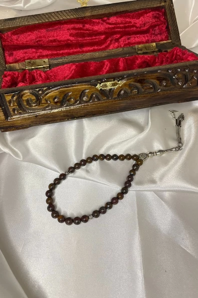 Tespih Kaplangözü Doğal Taş Tesbih Gümüş İmameli Güven Cesaret Ahşap Kutulu - 2