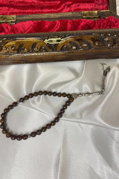Tespih Kaplangözü Doğal Taş Tesbih Gümüş İmameli Güven Cesaret Ahşap Kutulu - 4