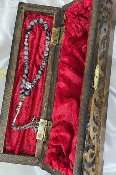 Tespih Obsidyen Doğal Taş Tesbih Gümüş İmameli Aura Taşı Ahşap Kutulu - 2