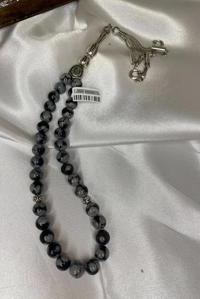 Tespih Obsidyen Doğal Taş Tesbih Gümüş İmameli Aura Taşı Ahşap Kutulu - 3