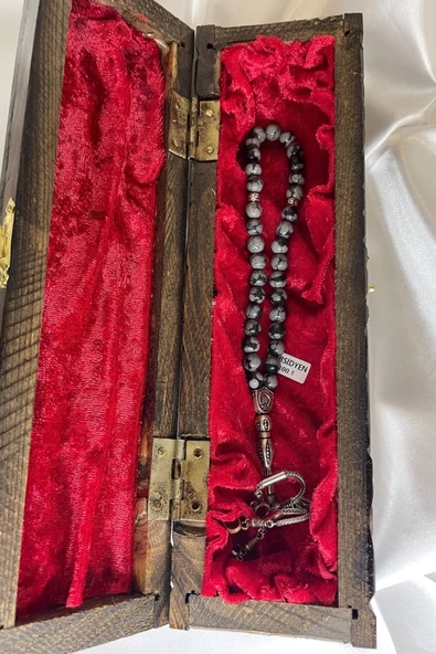 Tespih Obsidyen Doğal Taş Tesbih Gümüş İmameli Aura Taşı Ahşap Kutulu - 4